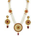 Sri Jagdamba Pearls Dealer Splendid Gold Plated Rani Haar For Women/Girls | 3 String Grandiose Necklace Set | White AA Freshwater Pearls 4-5MM | 20-22 Inches Length | Perfect For Gift To Women