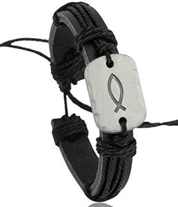 Soul Statement Sign of The Fish Men's Leather Wrap Bracelet for Teens, Men Confirmation Gifts, Communion Religious Jewelry (Black Fish)