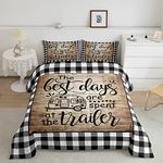 Happy Camping Comforter Set King Size,Camper RV Trailer Decor Bedding Set 3pcs for Kids Boys Girls Adults,Rustic Wooden Plank Geometric Grids Down Comforter,Brown Retro Duvet Insert,2 Pillowcases