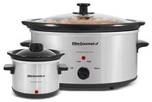 Elite Gourmet MST-500D Electric Slow Cooker, Includes 0.75-Quart Dipper with Adjustable Temp, Entrees, Sauces, Stews & Dips, Dishwasher Safe Glass Lid & Crock, 5 Quart, Stainless Steel