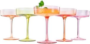 Fall & Holiday Colored Vintage Art Deco Coupe Glasses - Martini, Cocktail & Champagne Ribbed Glasses 7oz | Set of 5 | Bright Pastel Crystal Glassware, Goblet Cocktails, Stemmed Ripple Glassware Gifts