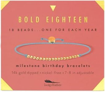 Lucky Feather Milestone 18th Birthday Gifts For Women - 14K Gold Dipped Beads Bracelet on Adjustable 7”- 8” Cord - Bold 18 Year Old Gifts