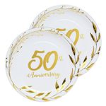 Dulousia 50th Anniversary Paper Plates - Golden Wedding Celebration Party Supplies, Disposable Round Paper Dessert Plates for 50 Years Anniversary, 9inch 24count