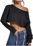 SweatyRocks Women's Off The Shoulder Boat Neck Y2k Crop Top Long Sleeve Solid Basic Loose Sweatshirt Black Small