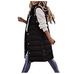 Long Puffer Vest for Women Plus Size Sleeveless Hooded Vest Winter Lightweight Full Zip Outdoor Puffer Vest Jacket Coat, A- Black, Medium