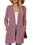 Les umes Womens Open Front Lightweight Knit Cardigans V Neck Loose Long Sleeve Sweaters with Pockets Wine L