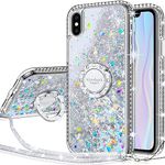 Miss Arts for iPhone X/XS Case, [Silverback] Moving Liquid Holographic Sparkle Glitter Case With Kickstand, Bling Diamond W/Ring Stand Protective Case for Girls Women for iPhone X/XS -Clear Silver