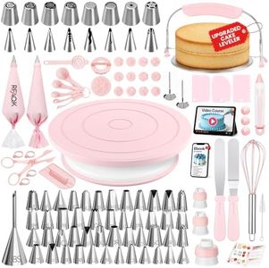 RFAQK 165PCs Cake Decorating Kit, Baking Supplies Tools - Includes Cake Stand Turntable, 64 Icing Piping Tips Set, 2 Frosting Spatulas, 3 Scrapers, 55+2 Pastry Bags, Complete Video Course, Booklet
