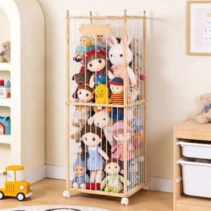 TANONE Stuffed Animal Storage - Wooden Large Organizer Holder for Kids' Room and Playroom - Plush Zoo Animals Holder with Elastic Cords & Brake Wheel for Toddler Bedroom Toy Stuff Organization
