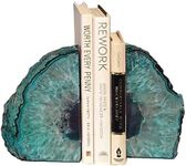 AMOYSTONE Teal Agate Bookends Geode Book Ends Heavy Duty Bookend Holder Decor with Rubber Bumpers Small(1 Pair, 2-3 LBS)