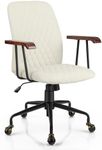 Giantex Home Office Desk Chair White, Vintage Adjustable Swivel Rolling Chair with Copper Wheels & Armrest, Mid Century Leisure Chair, Velvet Upholstered Computer Chair for Work, Study