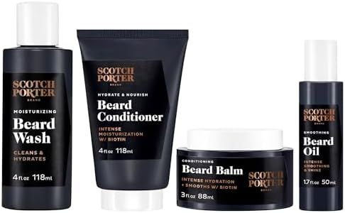 Scotch Porter Beard Kit – Cleanse, Moisturize, Soothe & Style Coarse, Dry Facial Hair while Encouraging Growth for a Fuller/Healthier-Looking Beard – Includes Wash, Conditioner, Serum & Balm