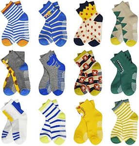 HYCLES Toddler Socks With Grip Non-Skid 12 Pairs Baby Kids Sticky Slipper Cotton Crew Socks 1-3/3-5/5-7T Children/Boy/Girl, A.crocobaby, 3-5 Years