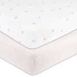 Pack and Play Sheet 2 Pack - Pack and Play Sheets Fitted with 100% Jersey Cotton - Pack N Play Mattress Sheets for Boys and Girls, Newborn Essentials (Pink Tulips & Stripes)