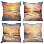 Beach Pillow Covers 16x16 Inch, Summer Sunset Glow Throw Pillow Covers Abstract Linen Pillow Cases for Sofa Couch Car, Set of 4 (No Inserts)