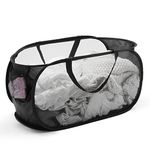 Collapsible Mesh Pop Up Laundry Basket with Durable Handles and Pockets, Portable, Foldable, Deluxe Clothes Hamper for Travel, Laundry Room, Dorm or Bathroom, Space Saving Organizer, Black