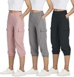 3 Pack Capri Pants Women Cargo Sweatpants Joggers Hiking Womens Capris Summer Pockets Golf Travel Waterproof Casual Cropped Pant UPF Pull On Jogger Stretch Camping Quick Dry Crop Workout Ladies Yoga