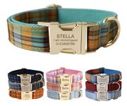 Custom Dog Collar with Metal Buckle - Pet Collars Personalized with Name and Phone Number (Plaid)