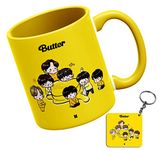 THE KAMY Ceramic Coffee Mug for BTS | BT21 | Butter Lovers, Printed on Both The Sides. (350 ML) (Yellow with Wooden Keychain)