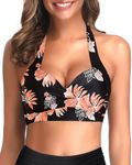 Tempt Me Women Bikini Top Push Up Swim Top Halter Retro Bathing Suit Top Padded Swimsuit Top Only, Black Floral, Small