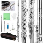Rhythm C Flutes with Engraved Flower Closed Hole 16 Keys Flute For Student, Beginner with Stand, Carrying Case, Cleaning Kit, Gloves, Tuning Rod (Ni-Silver Color)