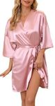 Vlazom Women's Silk Dressing Gown, Satin Kimono Robe Soft Wedding Party Bathrobe 3/4 Sleeve Sleepwear with Oblique V-Neck & Pockets X-Pink,M