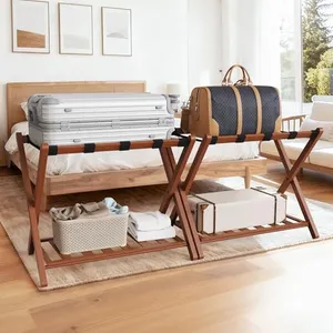 Grow Bou Luggage Rack Set of 2, Luggage Rack for Guest Room, Bedroom, Hotel - Natural Bamboo Suitcase Stand, Foldable with 2 Layers, up to 150 lbs - Fully Assembled Luggage Stand 2 Pack(Walnut)