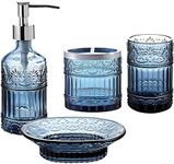 WHOLE HOUSEWARES | Premium Bathroom Accessory Set | 4-Piece Decorative Blue Glass Bathroom Decor Accessories Set | Soap Dispenser, Tray, Jar, Toothbrush Holder | Elegant Mosaic Glass (Blue)