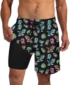 Cozople Mens Neon Swim Shorts 7 Inch Inseam Mens Swimsuit Trunks with Compression Liner Dinosaur Swimming Shorts Quick Dry Bathing Suit No Mesh Lining for Summer L