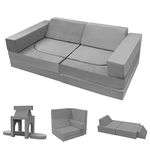 MeMoreCool 10-Pieces Kids Play Sofa Bed, Modular Toddler Chair Couch for Playroom, Fold Out Foam Couch for Girls Boys, Convertible Children Sectional Playset, Grey