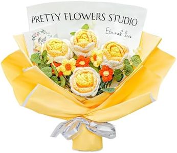 Crochet Flower Bouquet, Handmade Rose Knitted Flower, Graduation Flower Bouquet with Gift Bag and Greeting Card, Yarn Flowers Bouquet for Home Decor, Mother's Day, Weddings, Birthdays (Yellow)