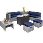 Tangkula 9 PCS Patio Furniture Set with 42” 60,000 BTU Fire Pit, Outdoor Space-Saving Sectional Sofa Set with Storage Box, CSA & ETL Approved Propane Fire Pit Table, Waterproof Covers Included (Navy)