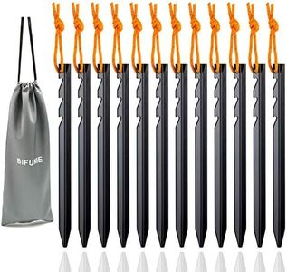 BIFUNIE Tent Stakes Pegs Aluminum Tent Stakes with Reflective Pull Ropes (12-Pack) & Carrying Pouch (1Pcs), Heavy Duty Tri-Beam Metal Stakes Pegs for Backpacking Camping Tents Hammocks and Canopy