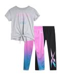 Reebok Girls' Active Leggings Set - 3 Piece Performance T-Shirt and Yoga Pants Leggings (4-12), Pink Omber/Grey/Black, 4