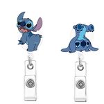 ZOSTLAND 2PCS Overlooking Stitch Cartoon Cute Retractable Badge Reel, Holder for Office Work Nurses Doctor Teacher Student Employee ID and Name Tag, 28 inch Cord Extension (2pcs Stitch Handstand)