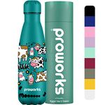 Proworks Performance Stainless Steel Sports Water Bottle | Double Insulated Vacuum Flask 12 Hours Hot & 24 Hours Cold Drinks For Home, Work, Gym & Travel - 1 Litre - Tempting Teal Cows Are Legen-Dairy