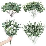 Giegxin 90 Pcs 3 Kinds Mixed Eucalyptus Leaves Stems Bulk Artificial Silver Dollar Eucalyptus Leaves Picks Dried Eucalyptus Bundle Faux Spray for Wedding Vase Bouquet Floral Arrangement (Green)