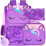 3PCS Unicorn Backpack, 15" Sequin Girls Bookbag with Lunch Box, Kids Preschool School bag for Elementary Students - Purple