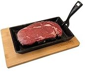 Black Rock Grill Cast Iron Skillet with Wooden Serving Board and Detachable Handle - Sizzling Lava Stone Griddle Plate, Oven-Proof – Restaurant Grade Steak Pan for BBQ, Fajita & Steaks Parties 1 Set