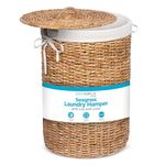 BIRDROCK HOME Seagrass Laundry Hamper with Liner | Round Clothes Bin with Lid | Organize Laundry | Cut-Out Handles for Easy Transport | Includes Machine Washable Canvas Liner