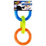 Nerf Dog Rubber 3-Ring Tug Dog Toy, Lightweight, Durable and Water Resistant, 10.5 Inches, for Medium/Large Breeds, Single Unit, Blue/Green/Orange