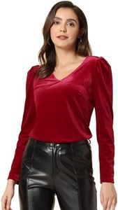 Allegra K Women's Velvet V-Neck Long Sleeve Gilding Metallic Shiny Stars Blouse Top Red Small