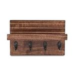 EDHAS Key Hooks Iron & Acacia Wood Wall Shelf with 4 Hooks, Wooden Mail Organizer with Hooks for Entryway (25.4cm x 11.43cm x 16.51cm)