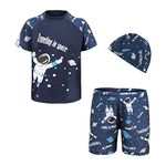 FedMois Boy Swim Set, 3 Pieces Set Swim Shirt + Swimming Shorts + Swimming Cap, Space, 5-7 Years