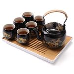 Dujust Japanese Tea Set, Black Porcelain Tea Set with 1 Teapot Set, 6 Tea Cups, 1 Tea Tray, 1 Stainless Infuser, Beautiful Asian Tea Set for Tea Lover/Women/Men (Countryside in Golden)