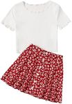 SHENHE Girl's Floral Skirt Outfits Two Piece Short Sleeve Crop Top T Shirt and Skirt Set Black 13-14Y