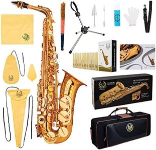 Rhythm Eb Alto Saxophone With Carrying Sax Case,Full set Cleaning and Care kit,Sax Foldable Stand,box of reeds,Mouthpiece,Straps-Gold Color