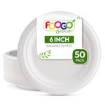 FOOGO Green 50 Disposable Sugarcane Bagasse Plates, 6 inch (15 cm), Small Round Strong Paper Plates, Desserts and Side Plate, Eco Friendly Biodegradable Compostable Plates, Picnic Party Plates