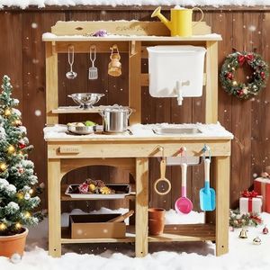 Tiny Land Outdoor Mud Kitchen for Kids, Wooden Play Kitchen with Water Tank, Water Play, Cooking, & Sensory Fun, Durable & Weather-Resistant Design with Storage, Gift for Ages 3+