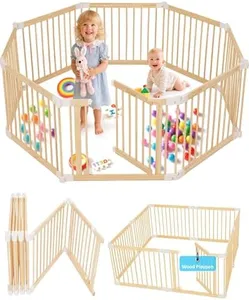 CONKKA Foldable Wooden Baby Playpen Play Yard for Babies and Toddlers, 2 in 1 Large Portable Fence Custom Tall Wood Gate with Adjustable Size & Shape for Infants 6-12 Months Indoor/Outdoor Area